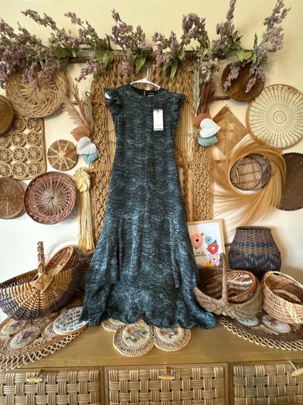 Scotch & Soda Green and Black Feather Print Sleeveless Midi Flounce Dress